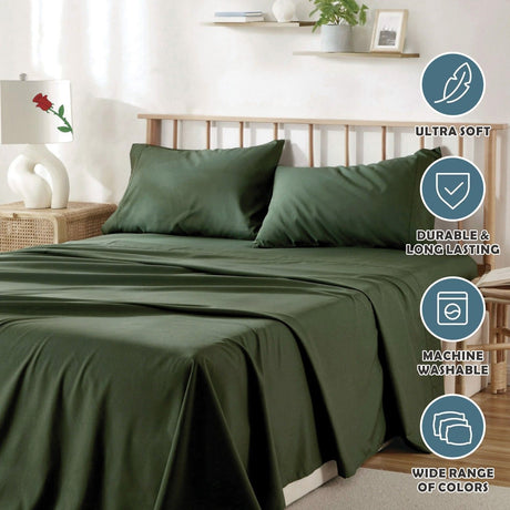 4 Piece Bed Sheet Set- Bedding Sheets & Pillowcases -Breathable Bedding - Wrinkle, Fade, Stain Resistant-Deep Pocket Flat Fitted Bed Sheet Set(Olive green,Double)