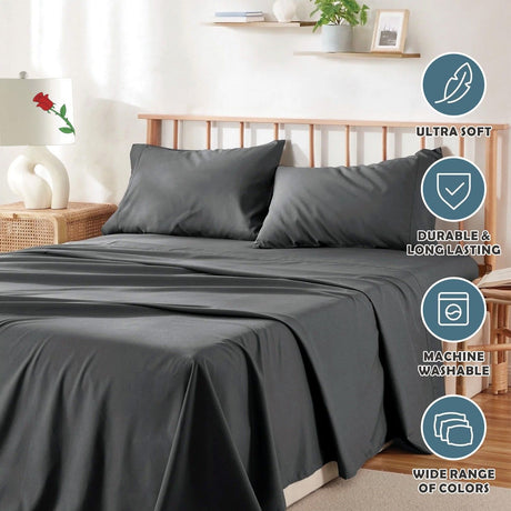 4 Piece Bed Sheet Set- Bedding Sheets & Pillowcases -Breathable Bedding - Wrinkle, Fade, Stain Resistant-Deep Pocket Flat Fitted Bed Sheet Set(Dark gray,Double)