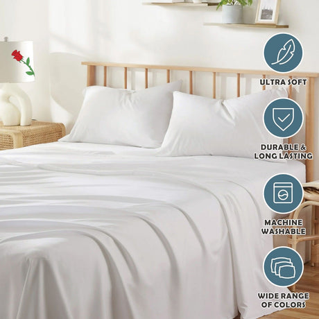 3 Piece Bed Sheet Set- Bedding Sheets & Pillowcases -Breathable Bedding - Wrinkle, Fade, Stain Resistant-Deep Pocket Flat Fitted Bed Sheet Set(White,King Single)