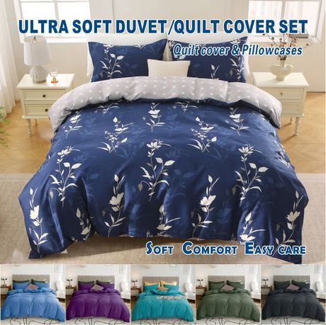3 Piece Hotel Soft Microfiber Quilt Cover Set-2000TC Duvet/Donna Cover Set & Pillowcases -1 Quilt Cover Zipper Closure & 1 x Pillowcases-Breathable Bedding - Wrinkle, Fade, Stain Resistant(Navy Floral,Queen)