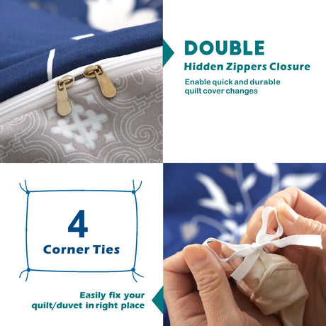 3 Piece Hotel Soft Microfiber Quilt Cover Set-2000TC Duvet/Donna Cover Set & Pillowcases -1 Quilt Cover Zipper Closure & 1 x Pillowcases-Breathable Bedding - Wrinkle, Fade, Stain Resistant(Navy Floral,Queen)
