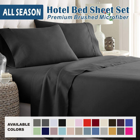 4 Piece Bed Sheet Set- Bedding Sheets & Pillowcases -Breathable Bedding - Wrinkle, Fade, Stain Resistant-Deep Pocket Flat Fitted Bed Sheet Set(Black,Queen)