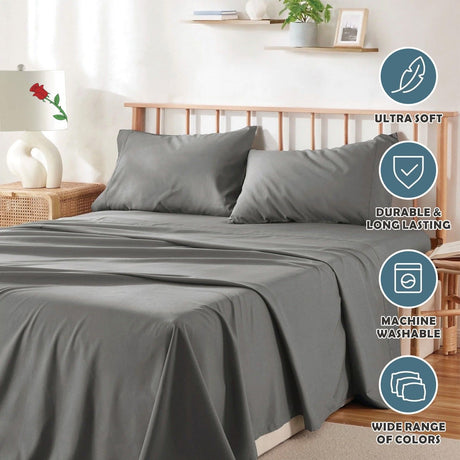 3 Piece Bed Sheet Set- Bedding Sheets & Pillowcases -Breathable Bedding - Wrinkle, Fade, Stain Resistant-Deep Pocket Flat Fitted Bed Sheet Set(Grey,Single)