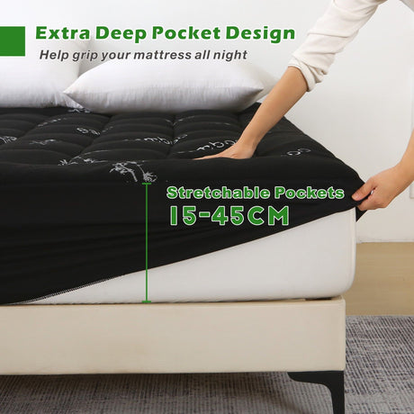 800GSM Mattress Topper Viscose Derived from Bamboo, Thick Pillowtop Fitted Mattress Cover with 45cm Deep Skirt - Machine Washable Hypoallergenic(King,Black)