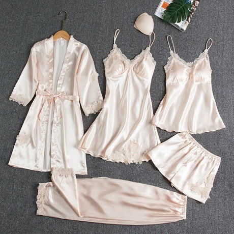 Women Five Piece Sleepwear Set Polyester V Neck Champagne XL
