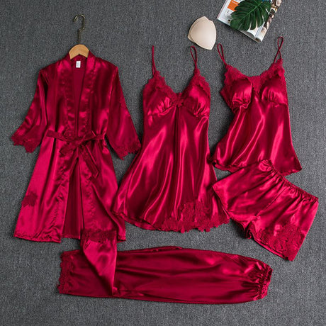 Women Five Piece Sleepwear Set Polyester V Neck Champagne XL