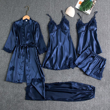 Women Five Piece Sleepwear Set Polyester V Neck Champagne XL