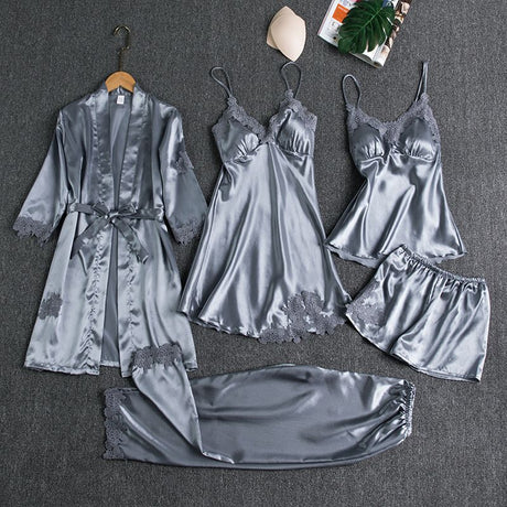 Women Five Piece Sleepwear Set Polyester V Neck Champagne XL