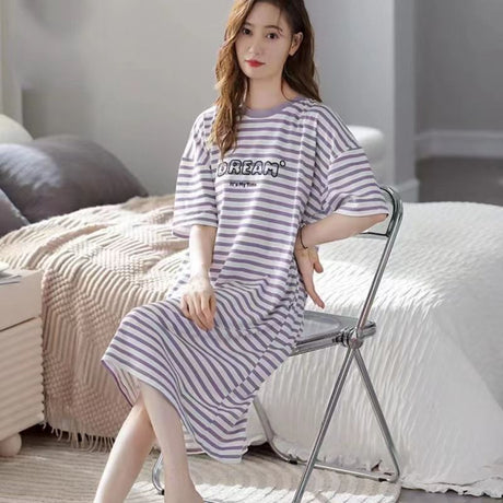 Women Summer Sleepwear Polyester Loose Dress Blue 3XL