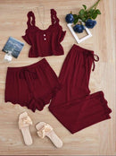 Subtle Lace Women Pajamas Set Sleepwear Wine Red XL