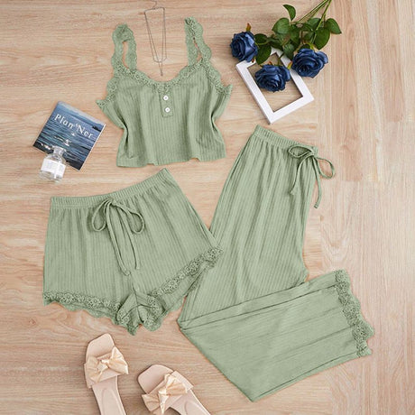 Subtle Lace Women Pajamas Set Sleepwear Gray Blue XXXL
