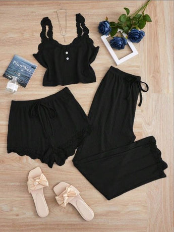 Subtle Lace Women Pajamas Set Sleepwear Black M