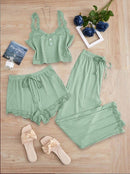 Subtle Lace Women Pajamas Set Sleepwear Mustard Green XL