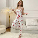 Women Polyester Pajamas Set Sleeveless Printed Sleepwear White and Black M
