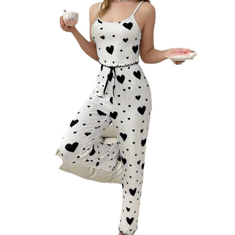 Women Polyester Pajamas Set Sleeveless Printed Sleepwear White and Black L