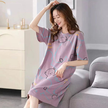 Women Summer Sleepwear Polyester Loose Dress Purple 4XL