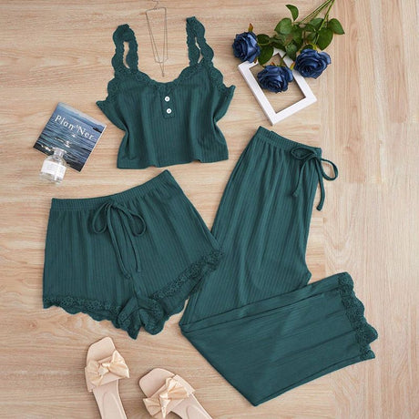Subtle Lace Women Pajamas Set Sleepwear Forest Green 6XL