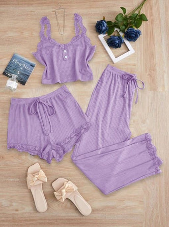 Subtle Lace Women Pajamas Set Sleepwear Light Purple 4XL