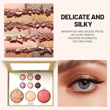 3pcs Baking Makeup Palette-Includes Brush, Facial Powder, Powder Blusher Eye Shadow, Multi-Product Palette for Eyelid Brightening & Face Contouring, for Daily Use or Dating