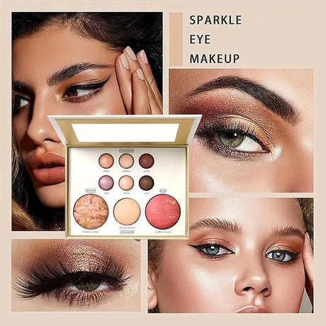 3pcs Baking Makeup Palette-Includes Brush, Facial Powder, Powder Blusher Eye Shadow, Multi-Product Palette for Eyelid Brightening & Face Contouring, for Daily Use or Dating