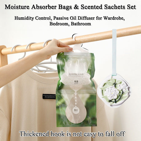 Moisture Absorber Bags & Scented Wardrobe Fresheners (9-Pack), Gardenia Scented Dehumidifier & Hanging Closet Sachets for Dampness & Odor Removal in Wardrobes, Cars & Bathrooms