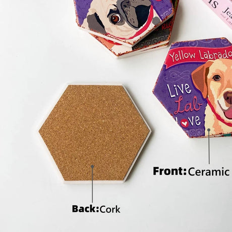Drink Coasters Set of 6 with Holder,Cute Dog Absorbent Ceramic Coasters with Cork Base,Flexible Durable Non-Slip Hot,Tabletop Protection Mat for Table,Office,Desk,Bar,Gift