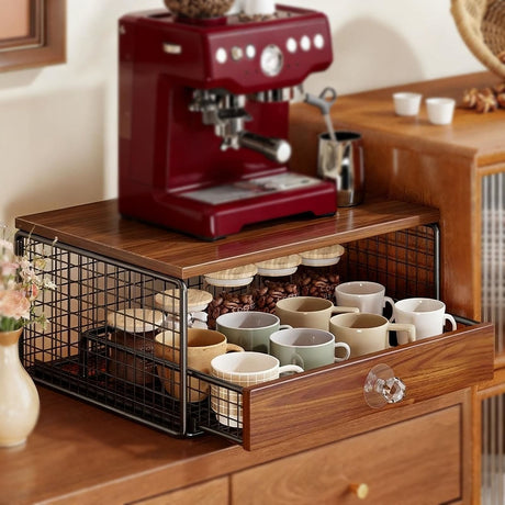 Coffee Machine Stand,Coffee Capsule Storage, Kitchen Counter Organizer with Drawer& Wire Basket, Space Saving Design, No Assembly, Tea Storage,for Kitchen Appliances