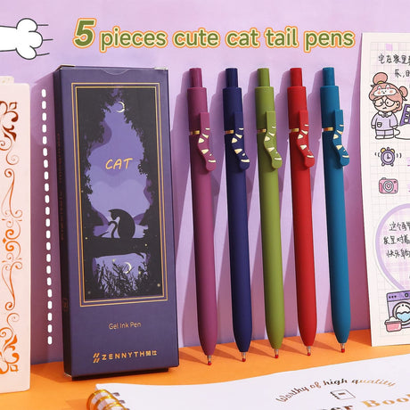 5 Pcs Retractable Gel Pens,0.5mm Ballpoint Black Ink Pens with Cute Cat Tail,Japanese Smooth Writing Fine for Cat Lovers School Office