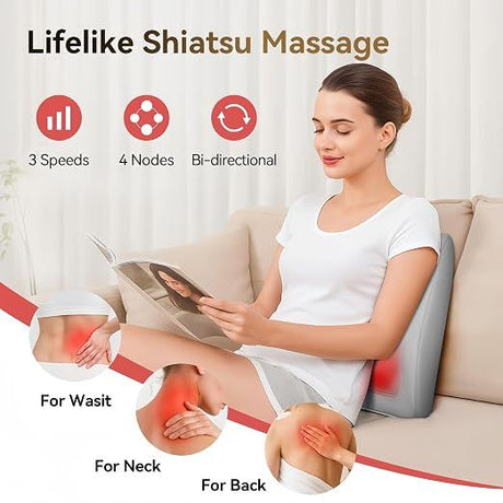 Shiatsu Neck Massager with Heat and Remote,3D Kneading Back Massager, Massage Pillow for Back,Shoulder, Leg for Pain Relief, Gifts for Men Women Mom Dad, at Home Office and Car(Gray)