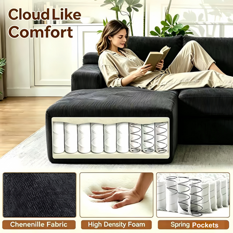 Couch Modular Sectional 3 Seater Sofa L-Shaped Black,81