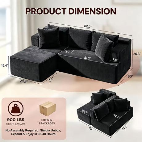 Couch Modular Sectional 3 Seater Sofa L-Shaped Black,81