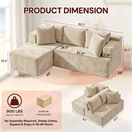Couch Modular Sectional 3 Seater Sofa L-Shaped Khaki，81
