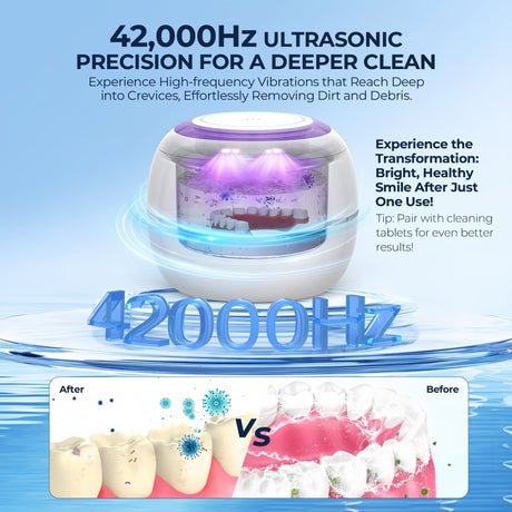 Ultrasonic Retainer Cleaner, 42kHz Portable UV Denture Cleaner for Dentures Aligner Mouth Guard Denture Toothbrush Heads, Jewelry, Glasses with 180ML Capacity