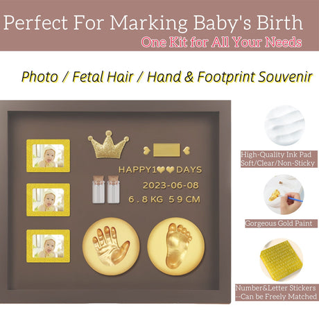 Baby Hand and Footprint Kit with 3 Photo Slots, Golden Ink Pad & Number/Letter Stickers, Non-Toxic Newborn Gift Set for Baby Shower, Nursery Decor, Keepsake Memory Frame
