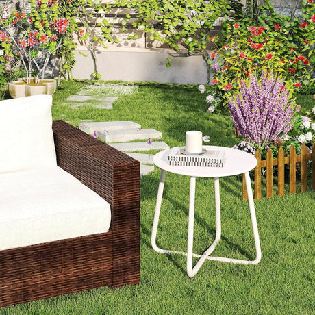 Metal Outdoor Side Table – Round Patio Table, Rust-Resistant Small End Coffee Table for Balcony, Garden, Porch, Living Room & Bedroom – Portable Accent Table for Indoor Outdoor Use, White