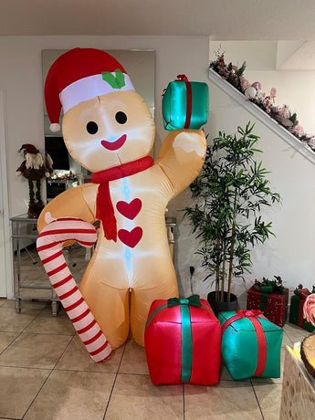 8FT/2.4m Lighted Inflatable Gingerbread Man Christmas Decoration with Candy Cane & Gift Boxes, Outdoor Indoor Holiday Yard Lawn Display with Built-in LED Lights