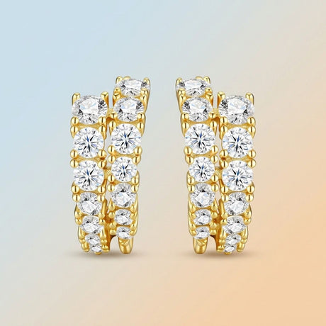 Double-Row Moissanite C-Shaped Earrings in 18K Gold Plated 925 Silver, Brilliant Sparkle for Everyday Elegance and Formal Occasions, Hypoallergenic and Tarnish-Resistant Jewelry with VVS Clarity Stones (Moissanite, Premium S925)
