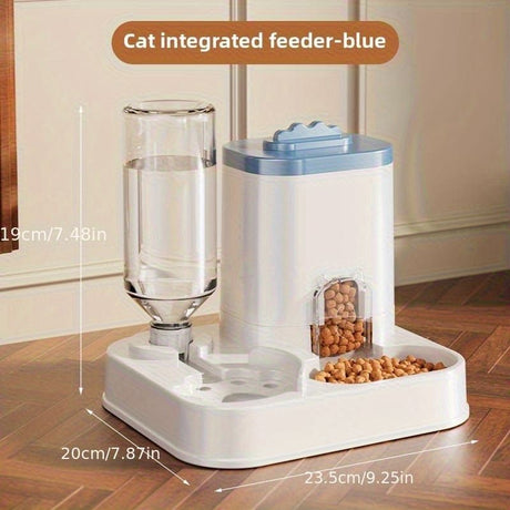 Automatic Pet Feeder and Water Dispenser Combo, 7-Day Capacity for Cats and Small Dogs, Self-Refilling Water Bowl with Gravity Flow, No Battery Needed, Modern White Design with Sturdy Base (Blue)