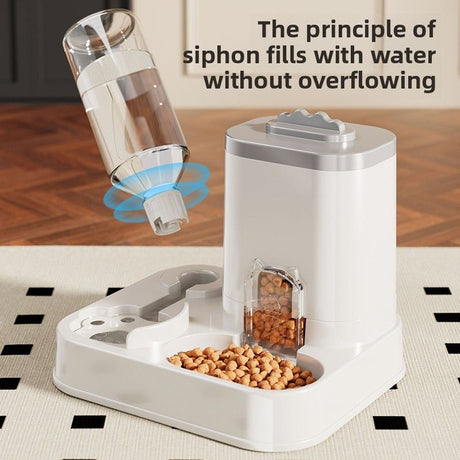 Automatic Pet Feeder and Water Dispenser Combo, 7-Day Capacity for Cats and Small Dogs, Self-Refilling Water Bowl with Gravity Flow, No Battery Needed, Modern White Design with Sturdy Base (Grey)