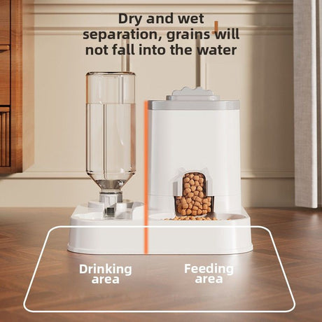 Automatic Pet Feeder and Water Dispenser Combo, 7-Day Capacity for Cats and Small Dogs, Self-Refilling Water Bowl with Gravity Flow, No Battery Needed, Modern White Design with Sturdy Base (Grey)