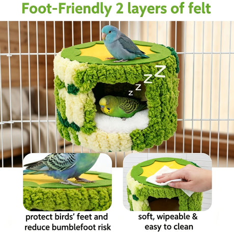 Cozy Hanging Bird Nest for Small Parrots – Warm, Soft, and Secure Hideaway with Removable Pad, Perfect for Budgies, Lovebirds, and Conures in Winter or Stress Relief (Green)