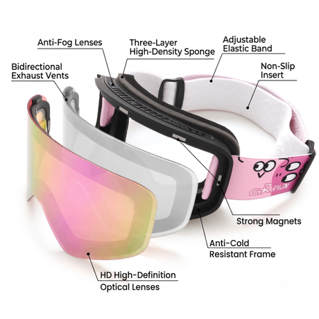 Kids Ski Goggles with Anti-Fog PC REVO Lens, UV400 Protection, Magnetic Quick-Change Lens, Compatible with Helmets & Eyeglasses, for Outdoor Snow Sports (OrangeRed)