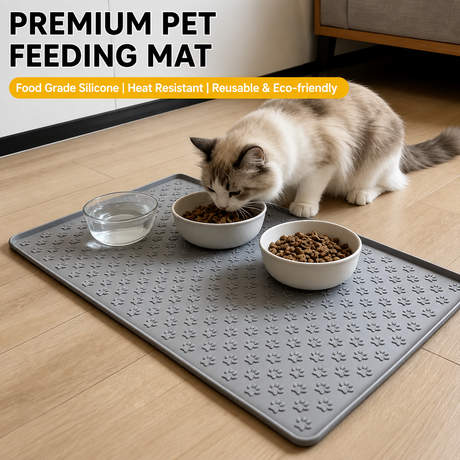 Whimsical Paw Print Silicone Pet Feeding Mat – Waterproof Non-Slip Cat and Dog Food Bowl Tray with Raised Edge, Keeps Floors Dry and Tidy During Mealtime (Mint, M（21.65*15.75in）)