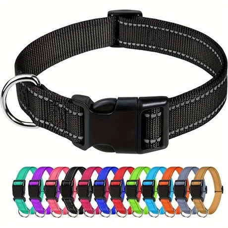 Reflective Dog Collar with Adjustable Nylon Webbing – Safe & Visible Pet Gear for Walks, Outdoor Adventures, and Nighttime Visibility (M, Navy)