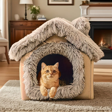 Plush Pet House with Detachable Cushion – Cozy, Warm, and Stylish Indoor Cat or Small Dog Bed – Soft Faux Fur Hideaway with Doorway – Perfect for Year-Round Comfort and Relaxation (L, Grey)