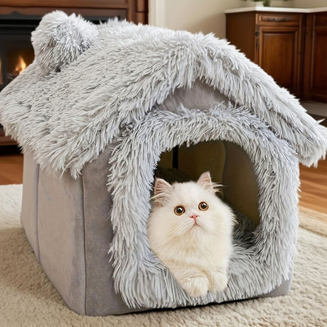 Plush Pet House with Detachable Cushion – Cozy, Warm, and Stylish Indoor Cat or Small Dog Bed – Soft Faux Fur Hideaway with Doorway – Perfect for Year-Round Comfort and Relaxation (M, Brown)