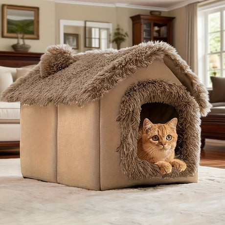 Plush Pet House with Detachable Cushion – Cozy, Warm, and Stylish Indoor Cat or Small Dog Bed – Soft Faux Fur Hideaway with Doorway – Perfect for Year-Round Comfort and Relaxation (M, Grey)