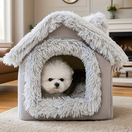Plush Pet House with Detachable Cushion – Cozy, Warm, and Stylish Indoor Cat or Small Dog Bed – Soft Faux Fur Hideaway with Doorway – Perfect for Year-Round Comfort and Relaxation (S, Brown)