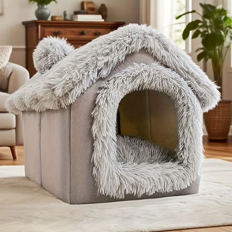 Plush Pet House with Detachable Cushion – Cozy, Warm, and Stylish Indoor Cat or Small Dog Bed – Soft Faux Fur Hideaway with Doorway – Perfect for Year-Round Comfort and Relaxation (S, Grey)