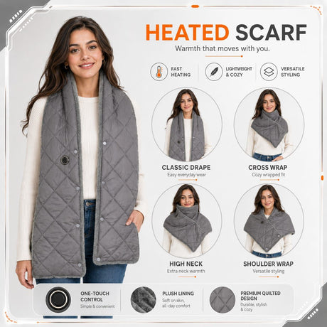 Stay Warm Anywhere with This USB-Powered Heated Scarf, Featuring Five Adjustable Heat Levels, Plush Fleece Lining, and a Versatile Snap-Button Design That Transforms into a Shawl or Wrap for Ultimate Cold-Weather Comfort (Grey, Short)